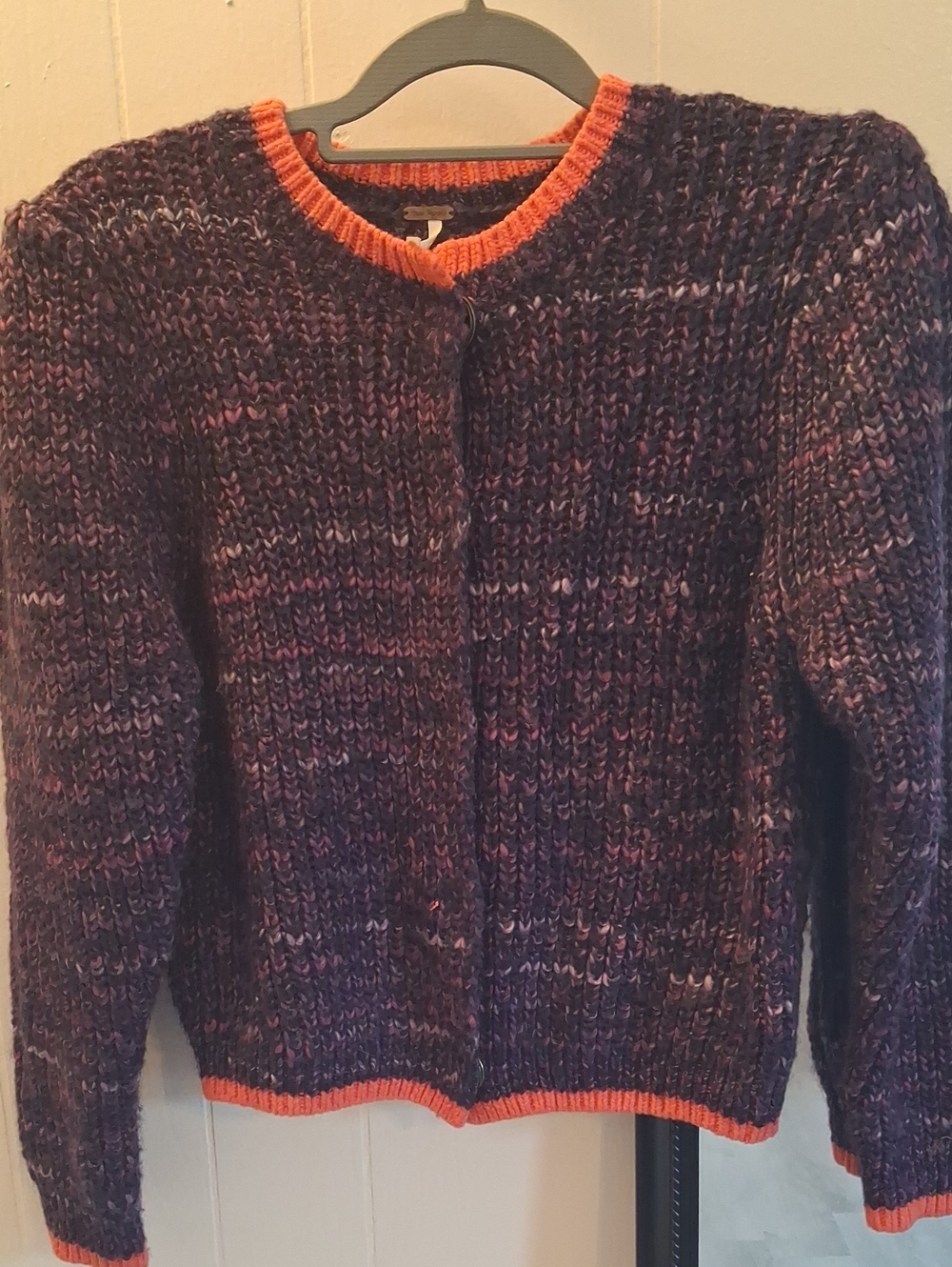 Free People Marled Purple Knit Cardigan Sweater with Orange Trim